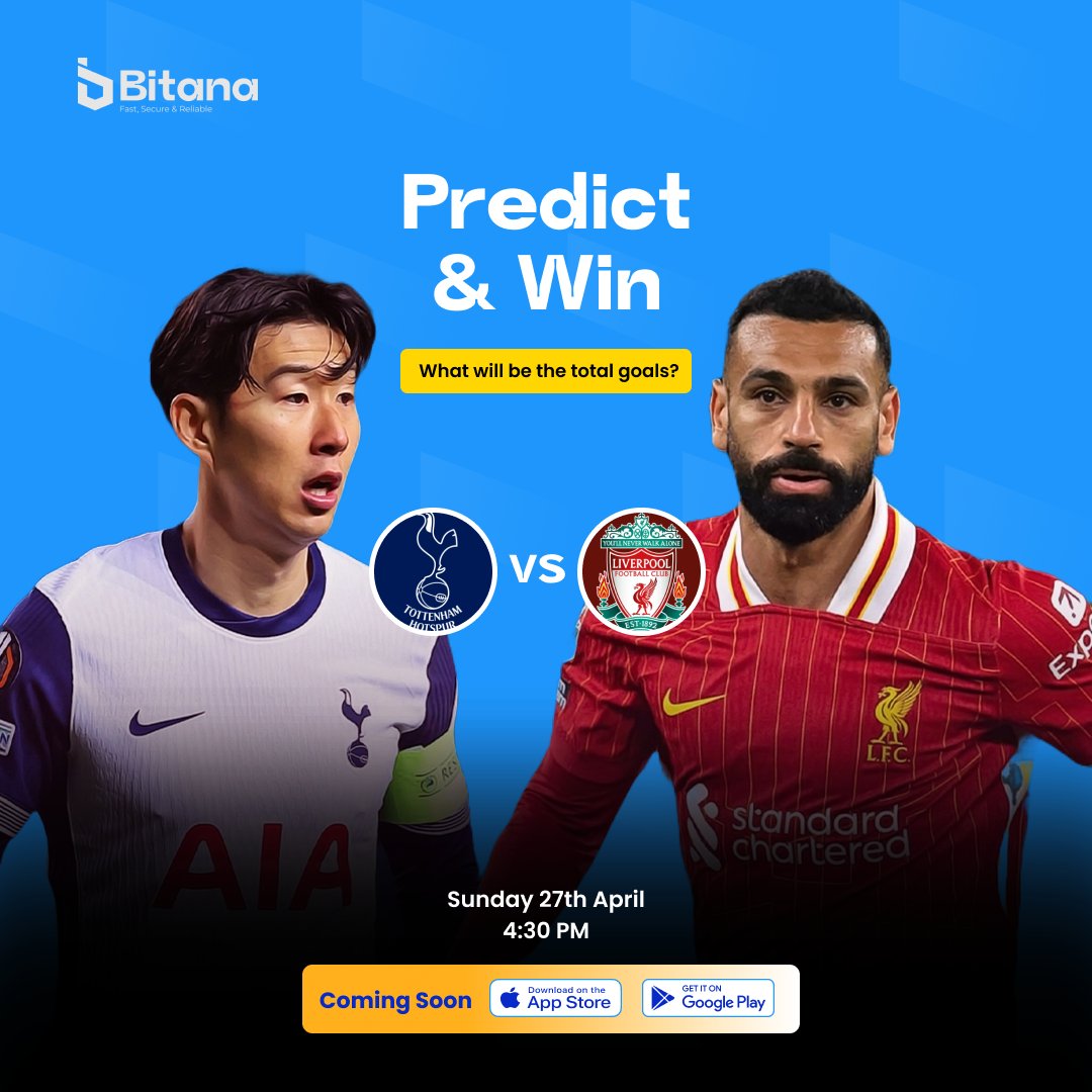Liverpool 🔴 vs Tottenham ⚪️ this Sunday (27 Apr, 4:30 PM WAT)!

Guess the total goals to win Bitana goodies.

How:
• Reply with your goal total (e.g., 4)
• Follow <a href="/Bitana_official/">Bitana</a>
• Join our waitlist via the link in BIO ✅

Predictions close at kick‑off.