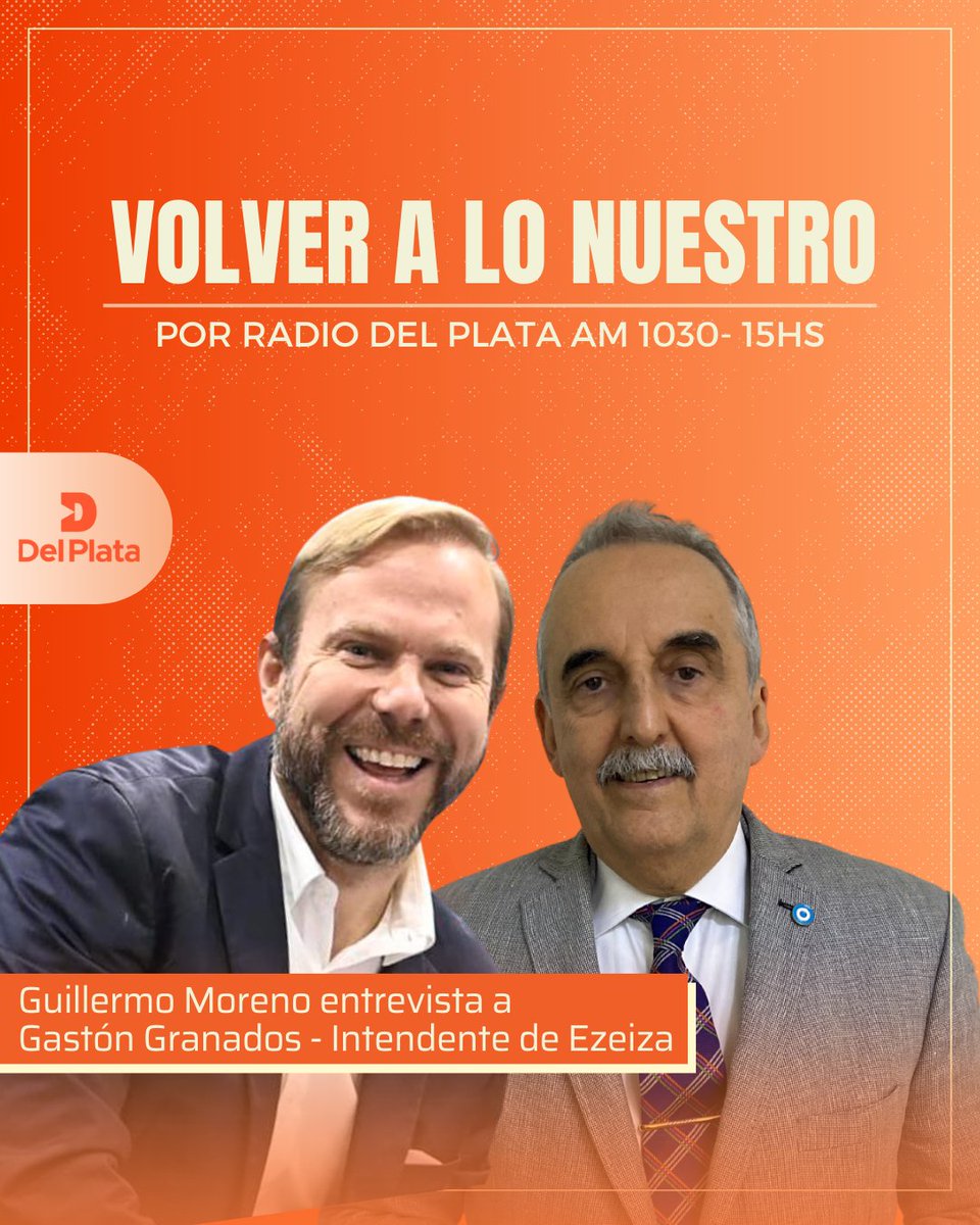 RadioDelPlata's tweet photo. 🟠 Esta tarde por #RadioDelPlata, desde las 15 hs, en #VolverALoNuestro con @GUlLLERMOMORENO, nos visita el intendente de Ezeiza, @granadosgaston.
📻 Sumate a la transmisión por #AM1030 o encontranos en YouTube como Del Plata AM 1030.
#RadioDelPlata https://t.co/6pSWCgOP3T