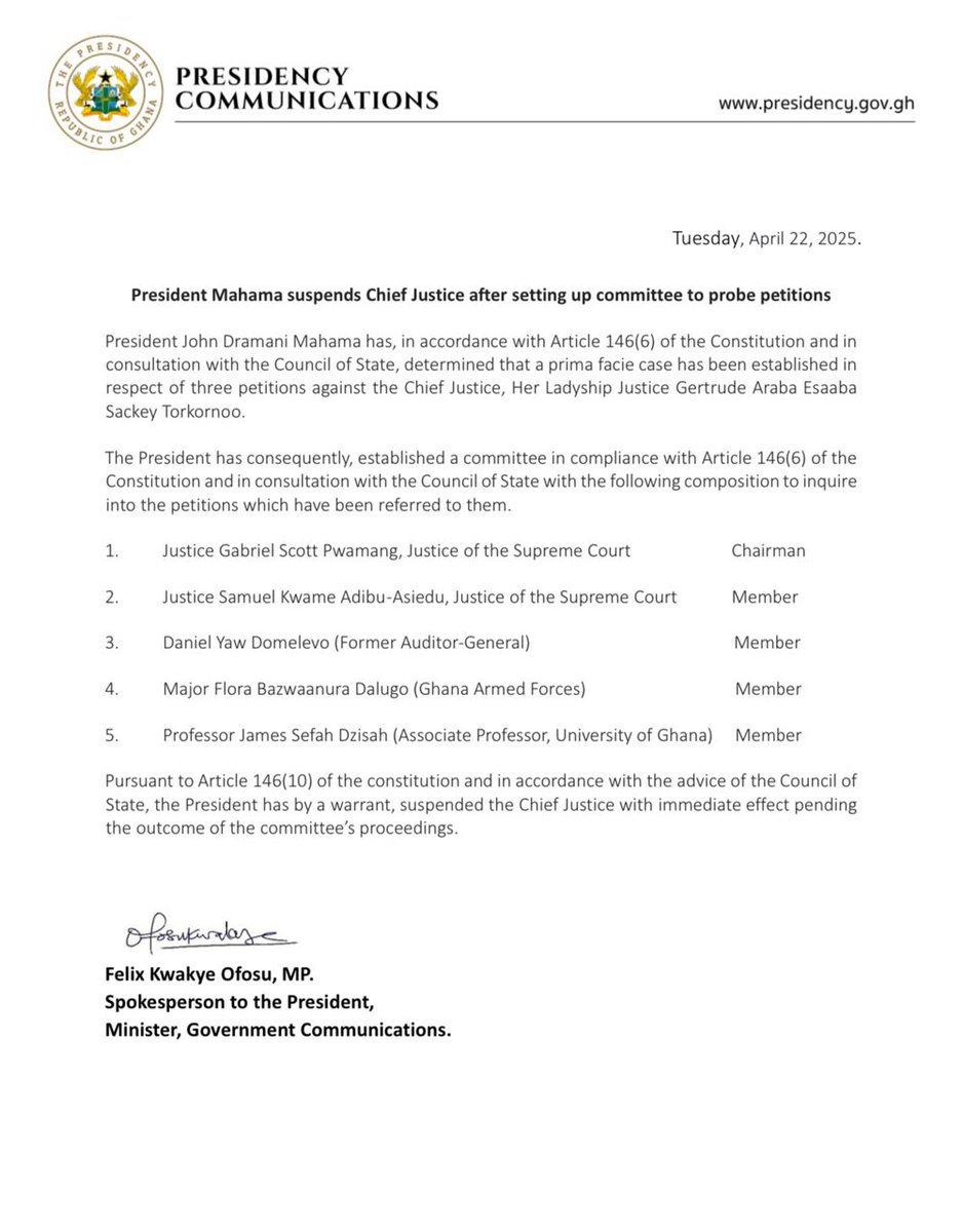 FelixKwakyeOfo1's tweet photo. President Mahama sets up Committee to probe petitions against Chief Justice as she is suspended pending outcome of inquiry. https://t.co/g7NYGnckOp