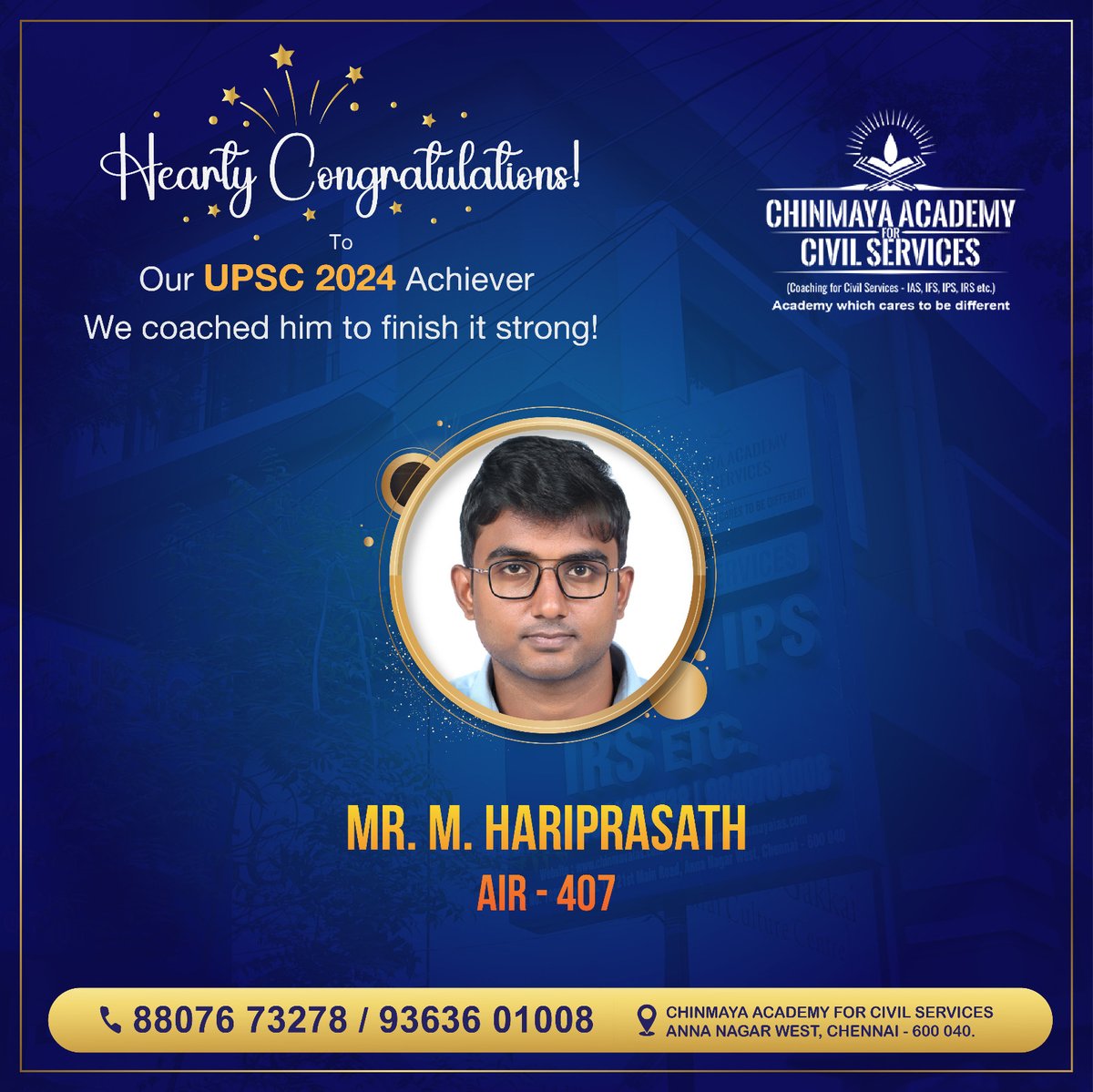 chinmayaacademy's tweet image. Hearty Congratulations to our UPSC 2024 Achiever Mr. M. Hariprasath AIR 407 from Chinmaya Academy for Civil Services.

WE coached him to finish it strong

#upsc #upscresults #upsccoaching #upscpreparation #upsc2024 #chinmayaiasacademy  #ias #ips #irs #ifs