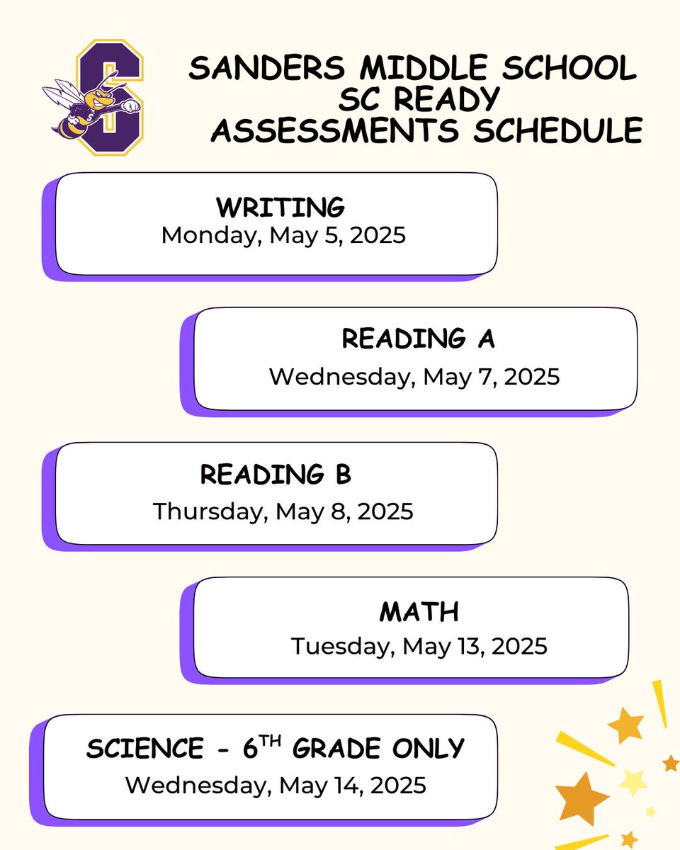 SC READY testing days for May! Please make sure students are on time for school and prepared to do their best!