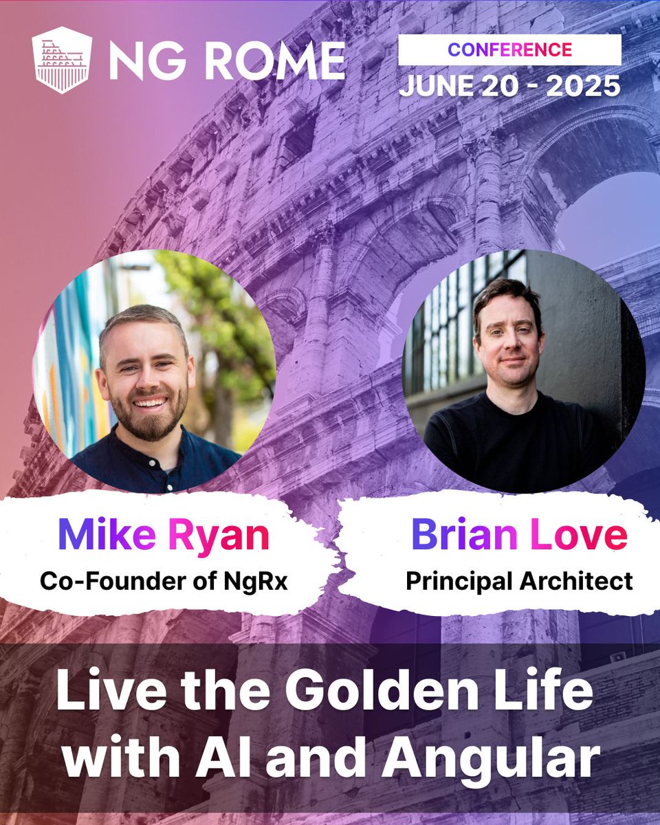 🔥 NGRome Closing Keynote Duo Announced! 🔥 

The NGRome Closing Keynote will be delivered by the dynamic duo: <a href="/MikeRyanDev/">Mike Ryan</a> &amp; <a href="/brian_love/">blove</a> !

They're joining forces to bring you practical insights on #AI &amp; <a href="/Angular/">Angular</a>. Don't miss it! 👇
#NGRome #NGRomeConference #NGRomeMMXXV #Angular