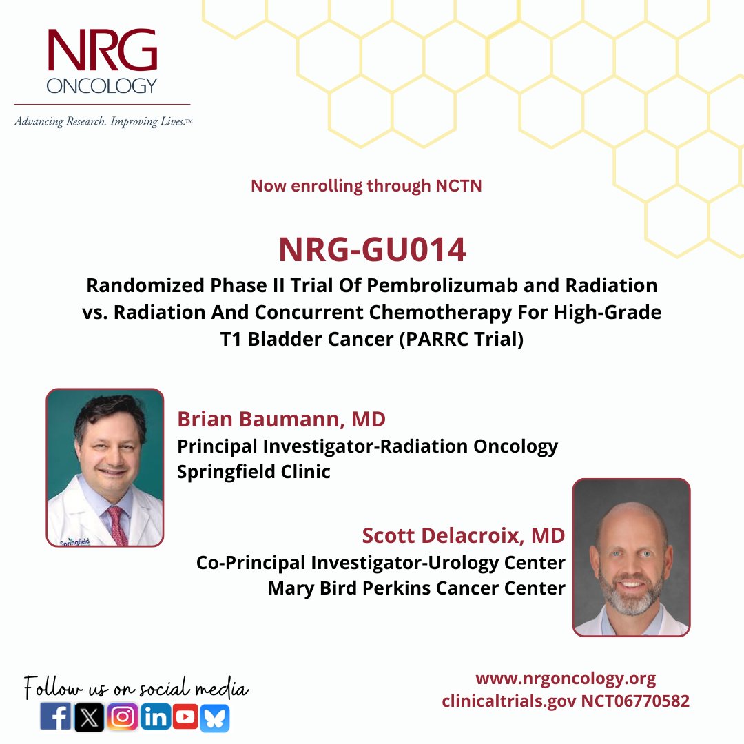 NRG Oncology (@nrgonc) on Twitter photo In the April issue of our newsletter, we asked the study team to discuss the importance of NRG-GU014, also known as the PARCC trial that was recently activated and is now enrolling patients with high-grade T1 bladder cancer ā”ļøow.ly/8ZTs50VBNV0 <a href="/BrianBaumannMD/">Brian C. Baumann</a> <a href="/UroCancer/">Scott Delacroix M.D.</a> In the April issue of our newsletter, we asked the study team to discuss the importance of NRG-GU014, also known as the PARCC trial that was recently activated and is now enrolling patients with high-grade T1 bladder cancer ā”ļøow.ly/8ZTs50VBNV0 <a href="/BrianBaumannMD/">Brian C. Baumann</a> <a href="/UroCancer/">Scott Delacroix M.D.</a>