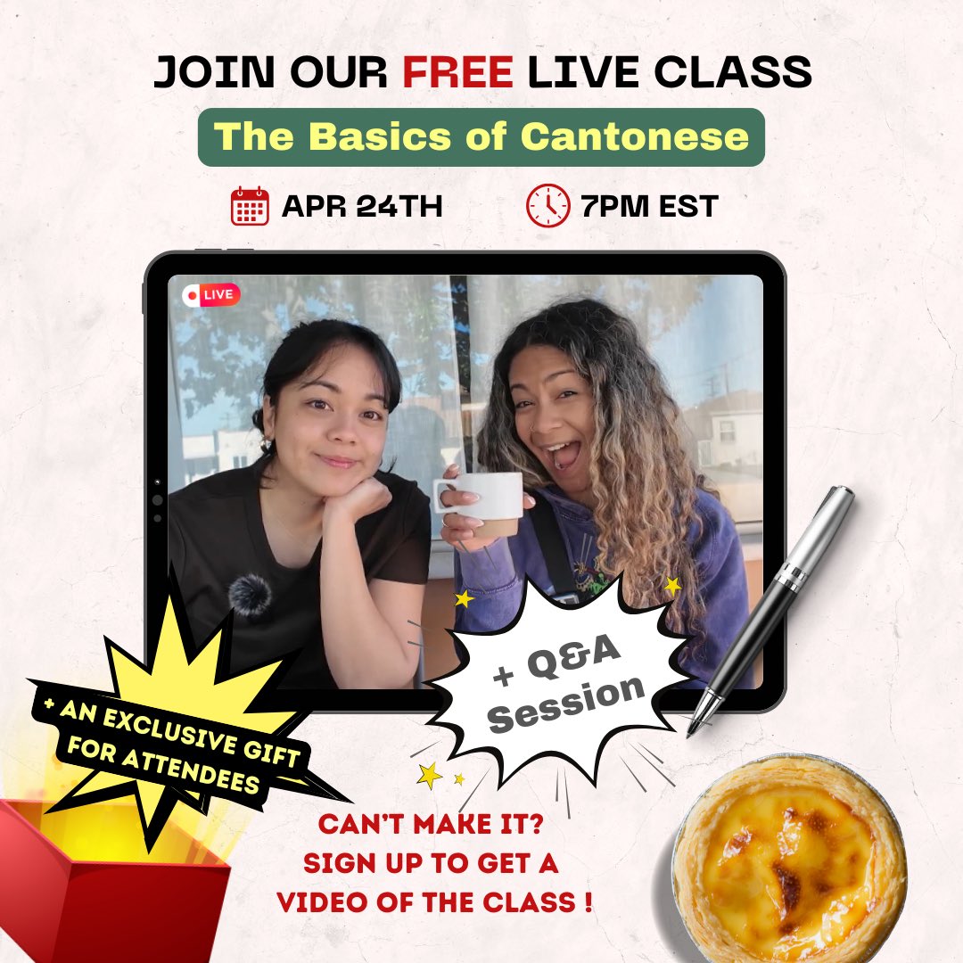 Outcasts 853 | Outcastsfromthe853 (@outcasts853) on Twitter photo Join us LIVE π©π½βπ«π©π»βπ«Free Basic Canto Class on Apr24-7pm EST πβ¬οΈ
cantonesebyoutcasts.com/free-class
Topics will include:
1.The 5 Ws: Who, What, When, Where, and Why
2. Here, there, this and that etc.
3.Basic Emotions/Feelings
+ Q&A π and a special surprise
#cantonese #learncantonese Join us LIVE π©π½βπ«π©π»βπ«Free Basic Canto Class on Apr24-7pm EST πβ¬οΈ
cantonesebyoutcasts.com/free-class
Topics will include:
1.The 5 Ws: Who, What, When, Where, and Why
2. Here, there, this and that etc.
3.Basic Emotions/Feelings
+ Q&A π and a special surprise
#cantonese #learncantonese