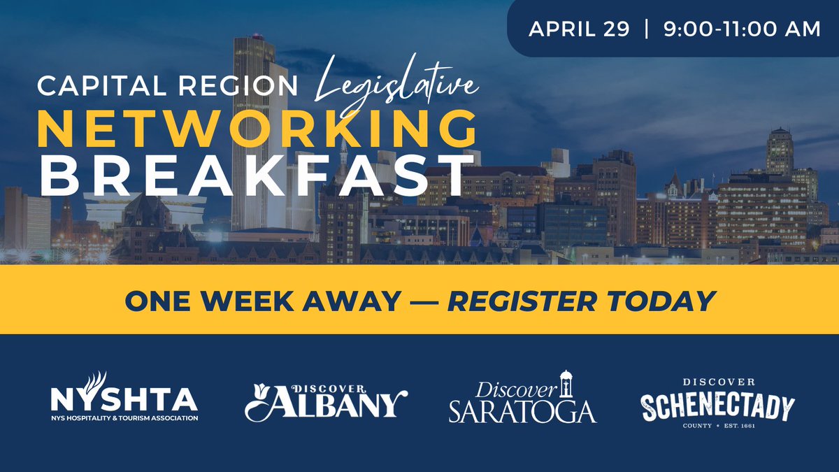 Only one week to go! We're counting down to the Capital Region Legislative Breakfast on April 29 at 9 AM in Albany! Don’t miss your chance to connect with industry professionals and hear directly from New York State elected officials.

Register here: web.nyshta.org/atlas/events/1…..