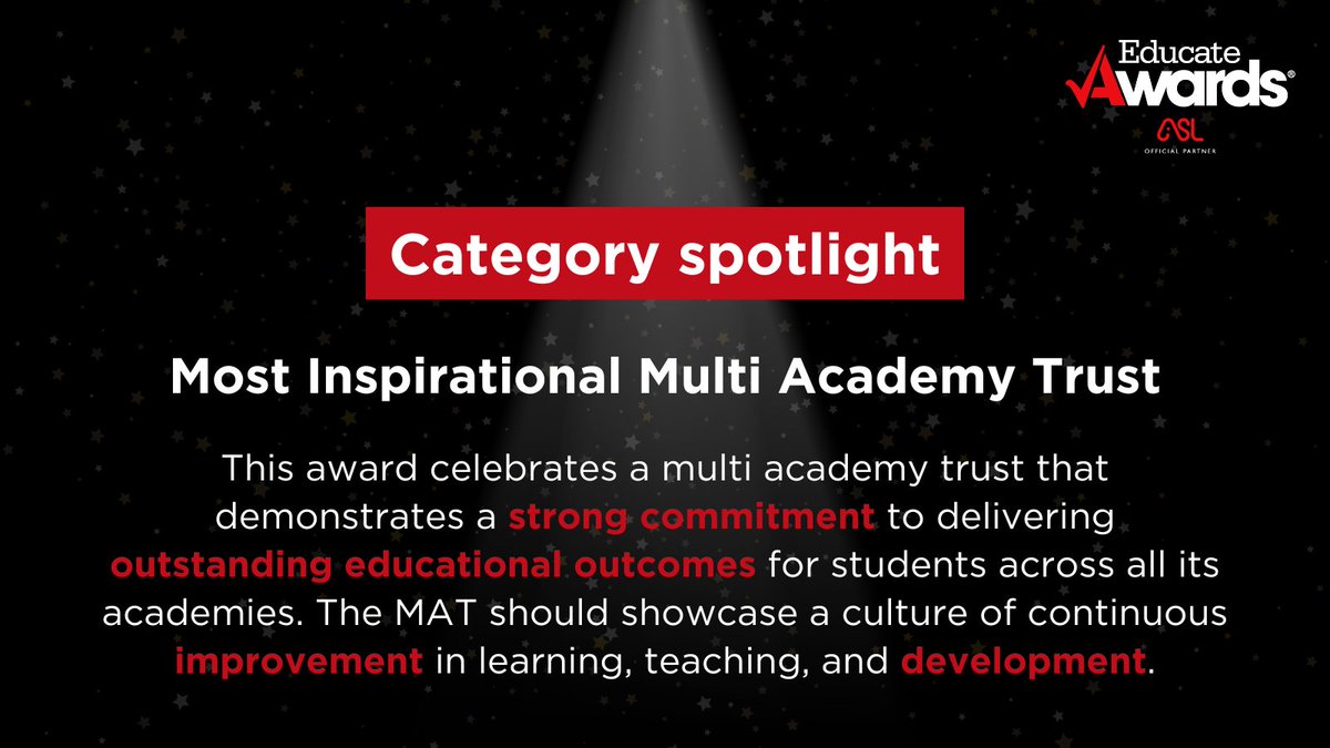 Educate Awards (@educateawards) on Twitter photo Last year, we introduced the award for Most Inspirational Multi Academy Trust and were blown away by the amazing MATs across the North West.
This year, it could be your MAT we’re celebrating! 🏆
This category is proudly sponsored by <a href="/SatisEducation/">Satis Education</a> 😊
👉educateawards.co.uk/how-to-enter/ Last year, we introduced the award for Most Inspirational Multi Academy Trust and were blown away by the amazing MATs across the North West.
This year, it could be your MAT we’re celebrating! 🏆
This category is proudly sponsored by <a href="/SatisEducation/">Satis Education</a> 😊
👉educateawards.co.uk/how-to-enter/