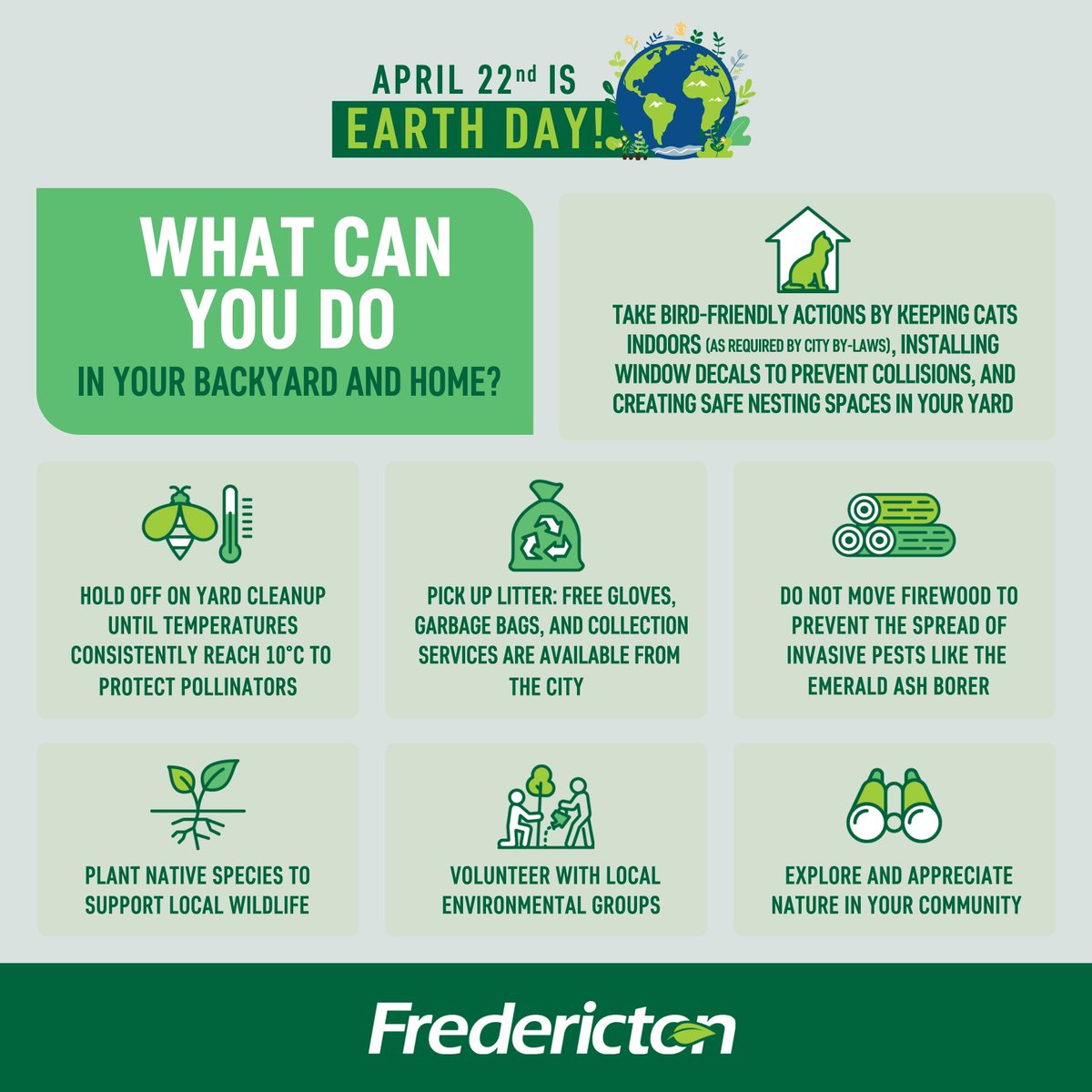 CityFredGov's tweet image. Happy Earth Day! 🌍

The City of Fredericton is committed to protecting and enhancing our natural ecosystems. Through community gardens, tree planting initiatives, naturalized green spaces, and more we’re working to create an environment where all species—including us—can thrive.