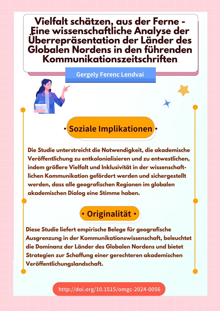 Diese Studie untersucht die geografischen Unterschiede bei der akademische Veröffentlichung in führenden Kommunikationszeitschriften mit dem Ziel, die Inklusivität dieser Zeitschriften zu bewerten und die Vielfalt ihrer Redaktionen zu beurteilen.
DOI: doi.org/10.1515/omgc-2…