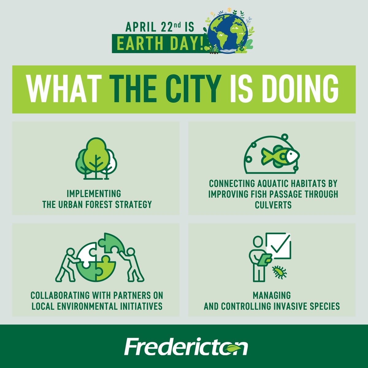 CityFredGov's tweet image. Happy Earth Day! 🌍

The City of Fredericton is committed to protecting and enhancing our natural ecosystems. Through community gardens, tree planting initiatives, naturalized green spaces, and more we’re working to create an environment where all species—including us—can thrive.