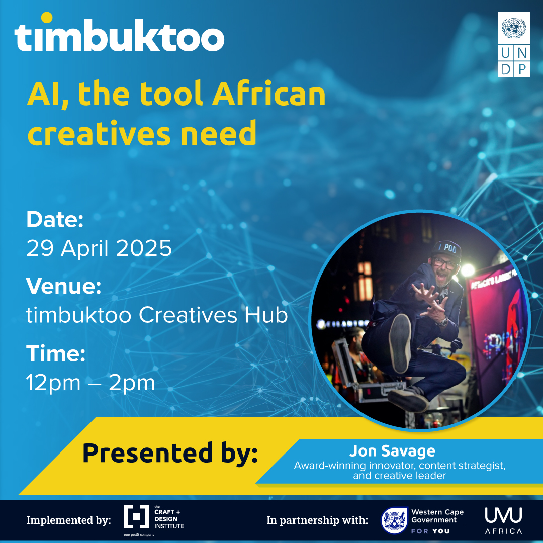 Craft + Design Institute (CDI) (@craft_anddesign) on Twitter photo The UNDP timbuktoo Creatives Lab has launched – plus we have 5 free pre-application masterclasses!
Visit: thecdi.org.za/page/timbuktoo
On 29 April 2025, join us for a masterclass on ‘AI, the tool African creatives need’ — with Jon Savage.
<a href="/UNDPSouthAfrica/">UNDP South Africa</a>
<a href="/UVUAfrica/">UVU Africa</a>
<a href="/WesternCapeGov/">Western Cape Gov</a> The UNDP timbuktoo Creatives Lab has launched – plus we have 5 free pre-application masterclasses!
Visit: thecdi.org.za/page/timbuktoo
On 29 April 2025, join us for a masterclass on ‘AI, the tool African creatives need’ — with Jon Savage.
<a href="/UNDPSouthAfrica/">UNDP South Africa</a>
<a href="/UVUAfrica/">UVU Africa</a>
<a href="/WesternCapeGov/">Western Cape Gov</a>