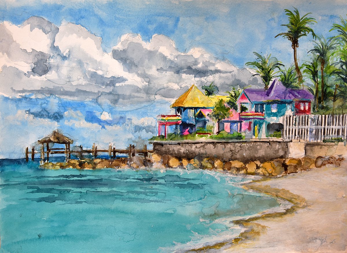 A #ThrowbackTuesday salute to one of the Caribbean’s iconic resorts, the late, lamented Compass Point Resort in Nassau. A cool, funky place, steeped in style and 80’s music history. This was painted for me by Canadian artist Scott Kish.