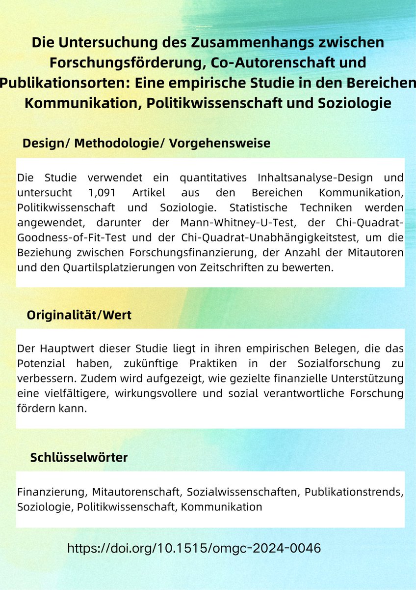 Wo wird eigentlich geforscht? 📚✨ Unsere Studie zeigt, wie Forschungsförderung, Co-Autorenschaft und Publikationsorte die Wissenschaft in Soziologie, Politikwissenschaft und Kommunikationswissenschaft beeinflussen.
Aus der Zeitschrift OMGC: doi.org/10.1515/omgc-2…