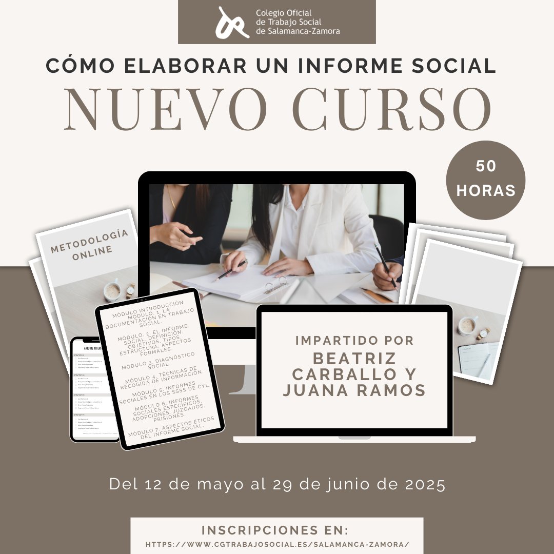 ¡NUEVO CURSO! 

CÓMO ELABORAR UN INFORME SOCIAL

Del 12 de mayo al 29 de junio de 2025.
Duración: 50 horas
En él aprenderéis a elaborar un Informe Social

Abierta inscripción hasta el próximo 7 de mayo.

cgtrabajosocial.es/salamanca-zamo…