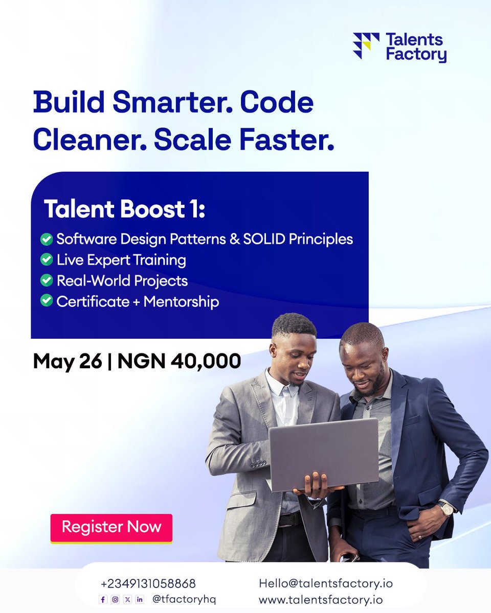 tfactoryhq's tweet photo. Not just another course — this is a developer upgrade.

Master SOLID principles, design patterns &amp; refactoring in 3 weeks.
Build clean, scalable code like a pro.

Starts May 26 | ₦40,000

Comment “Boost” to reserve your spot 

#TalentBoost #CleanCode #UpskillDev #talentsfactory https://t.co/dSwv3mUP48