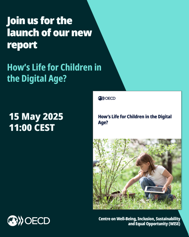 OECD's tweet image. How can children be both safe and empowered in the digital world?
Join Secretary-General @MathiasCormann on 15 May for the launch of our new report that explores digital opportunities, risks and strategies for child #WellBeing.
Register here ➡️ brnw.ch/21wS93K