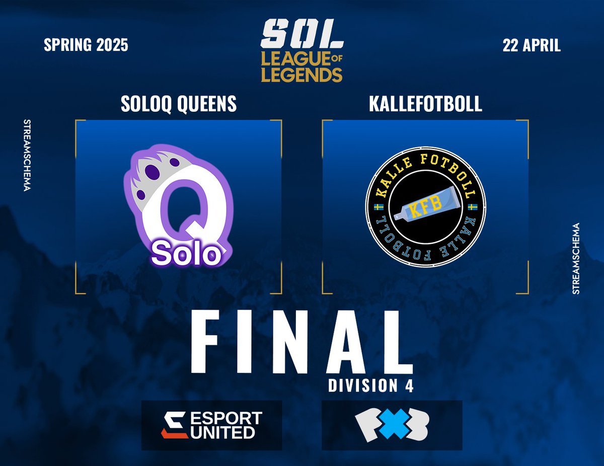 📢 SOL LoL Spring 2025 | FINAL | Division 4

Ikväll spelas finalen i division 4, kom in och kolla!
👇

🕢18:30
⚔️BO3 | SoloQ Queens🆚<a href="/kallefotboll/">Karl Sandberg</a>

🎙️<a href="/hat_casts/">hatten</a> &amp; <a href="/EgonSundstrom/">Egon Sundström</a> 
📺twitch.tv/svenskaonlinel…