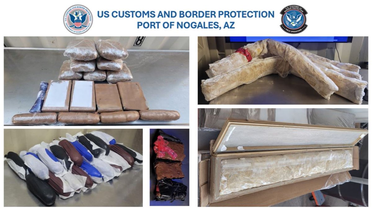 Last week our Officers seized app. 96 lbs. of Meth., over 5 lbs. of cocaine, app. 5 lbs. of Fentanyl powder, and app. 5 lbs. of Heroin. Concealment methods included floor tiles, quarter panels, taped to a body, and within a compartment under the toilet of a bus.