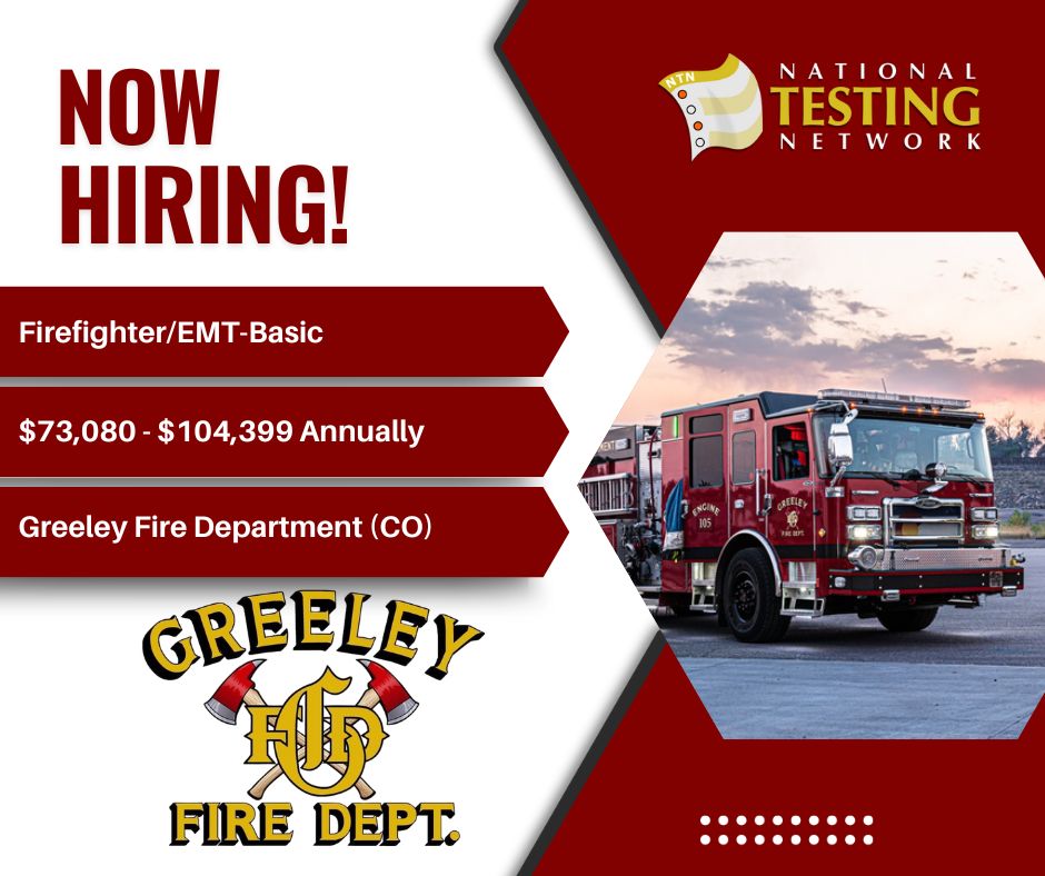 The Greeley Fire Department [Greeley, CO] is hiring for the position of Firefighter/EMT-Basic.
Please submit your application materials by 05/05/25.
Salary: $73,080 - $104,399 Annually
For more information, please visit nationaltestingnetwork.com.