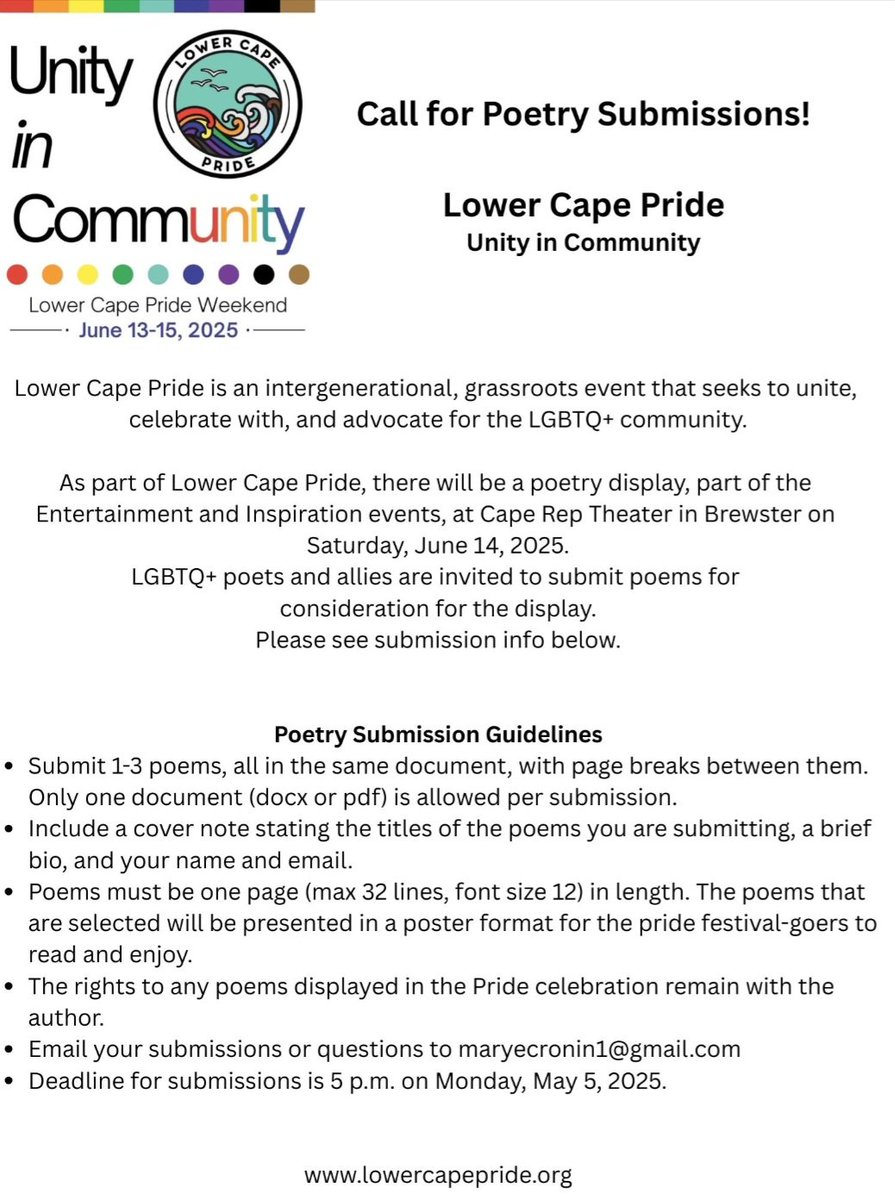 Celebrate Pride with poetry here on the Cape. If you know of a local (Cape Cod) LGBTQ+ poet or an ally, feel free to send this their way.