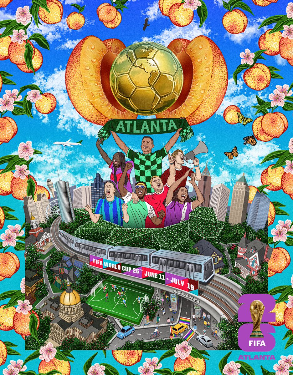 olive_york's tweet image. 2026 World Cup Posters are here!

Let&apos;s rate them 🏆 Let us know if we&apos;re right or totally wrong 👇

First up: Atlanta 🍑

A golden soccer ball  emerging from a peach with a LOT more peaches and ATL landmarks. Solid effort, if a bit busy.

7/10