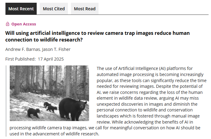 AndrewBarnas's tweet image. New paper alert in The Wildlife Society Bulletin: Will using artificial intelligence to review camera trap images reduce human connection to wildlife research?
Open access link: wildlife.onlinelibrary.wiley.com/doi/full/10.10…