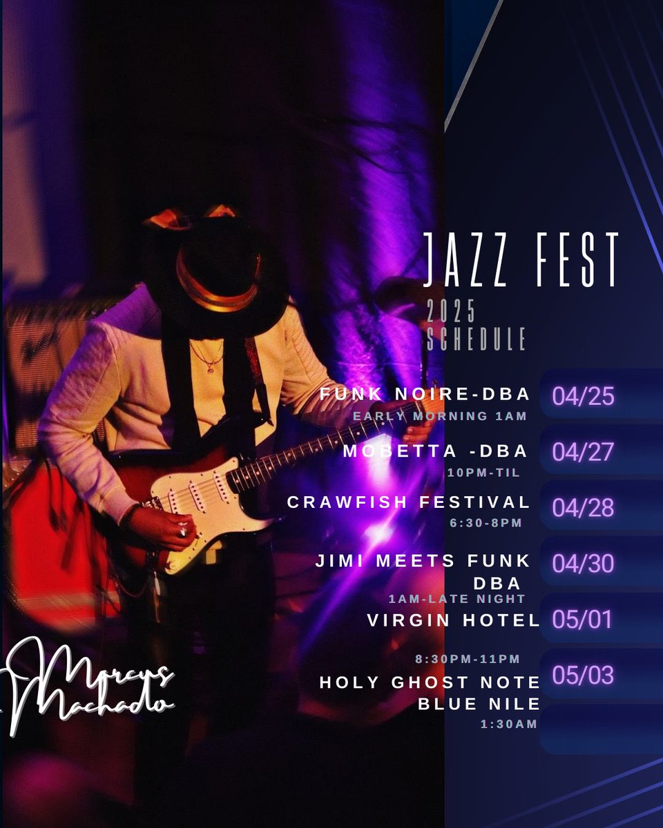It’s that time of year! 
Jazzfest 2025🛸🛸

Nola! Looking forward to jamming 
out with the famz! Pull 🆙 &amp; enjoy 
the vibes. See ya there🎸

#marcusmachado 
#mdrix 
#nola 
#jazzfest2025
#purplevibes