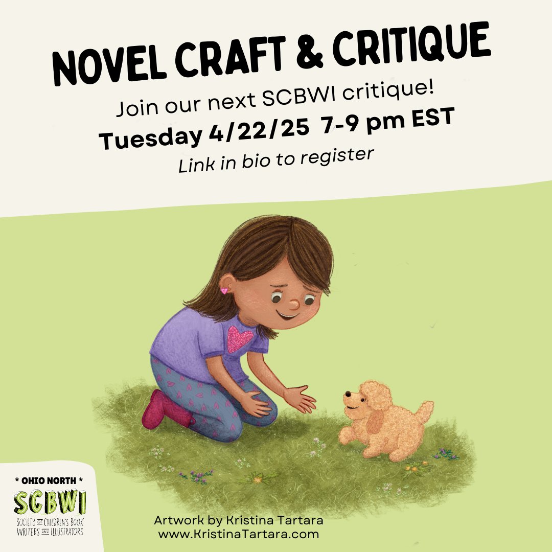 Join #SCBWI Ohio-North for our April Novel Craft Critique tonight!
Tue. 4/22, 7-9pm.

Participants can read from their MG/YA novel and get feedback. Or listen, learn &amp; give feedback of your own! 

Register: scbwi.org/events/april-n…

Thanks to <a href="/Kristi_Tartara/">Kristina Tartara | Author & Illustrator</a>  for this month’s art!