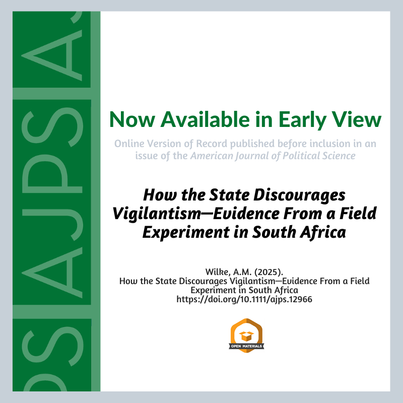 AJPS (@ajps_editor) on Twitter photo How the State Discourages Vigilantism—Evidence From a Field Experiment in South Africa by Anna M. Wilke is now available in Early View. <a href="/anna_m_wilke/">Anna Wilke</a> ajps.org/2025/04/21/how… How the State Discourages Vigilantism—Evidence From a Field Experiment in South Africa by Anna M. Wilke is now available in Early View. <a href="/anna_m_wilke/">Anna Wilke</a> ajps.org/2025/04/21/how…