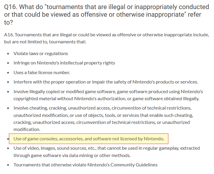 kuyacoy's tweet photo. Was this even allowed by either the tournament organizers or by Nintendo according to their Community Tournament Guidelines?

I checked Hand Held Legends FAQ and Product pages and doesn't seems like their products are licensed by Nintendo either.

https://t.co/qxIq1MBMeU https://t.co/eWIFXibe6Q