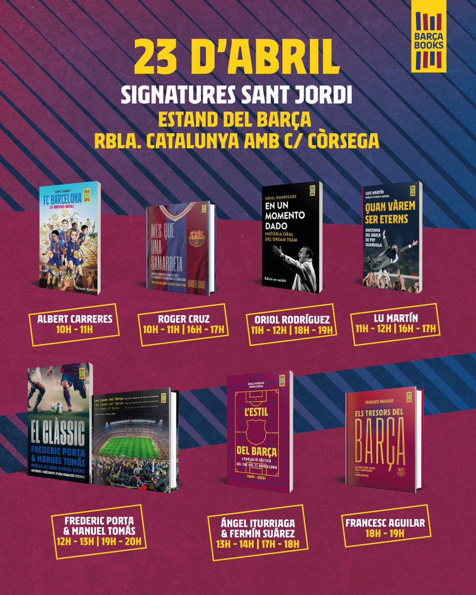 Grup62 (@grup62) on Twitter photo 🔴🔵 Demà els autors dels llibres de #BarçaBooks signaran a l'estand del FC Barcelona:
🌹📖 'FC Barcelona. La dimensió mirall' #AlbertCarreras
🌹📖 'Més que una samarreta' #RogerCruz
🌹📖 'En un momento dado' <a href="/365d365e/">Oriol Rodríguez</a>
🌹📖 'Quan vàrem ser eterns' #LuisMartínGómez 🔴🔵 Demà els autors dels llibres de #BarçaBooks signaran a l'estand del FC Barcelona:
🌹📖 'FC Barcelona. La dimensió mirall' #AlbertCarreras
🌹📖 'Més que una samarreta' #RogerCruz
🌹📖 'En un momento dado' <a href="/365d365e/">Oriol Rodríguez</a>
🌹📖 'Quan vàrem ser eterns' #LuisMartínGómez