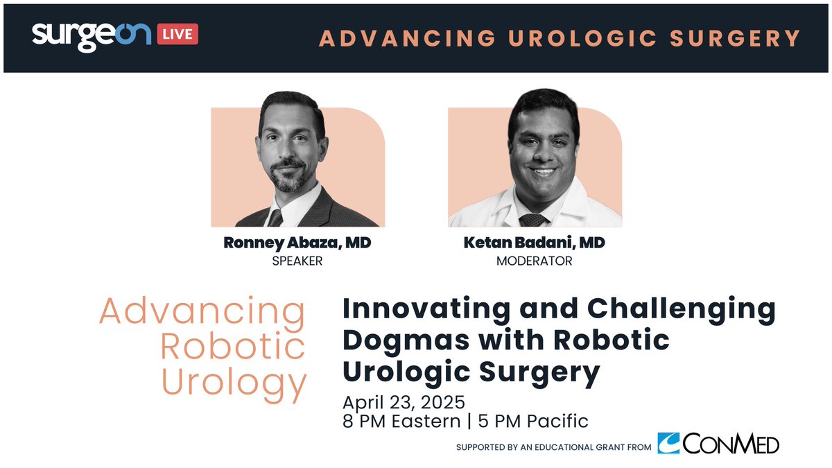 Happening tomorrow! <a href="/DrRonneyAbaza/">Dr. Ronney Abaza</a> &amp; Dr. Badani (<a href="/NYCRoboticTeam/">Ketan K. Badani MD</a>) go live at 8 PM ET for advancing urologic surgery. Learn from the best—be there and ask your questions.

Thank you to <a href="/CONMEDCorp/">CONMED</a> for supporting this webinar.

Event link: hubs.li/Q03hSgTl0