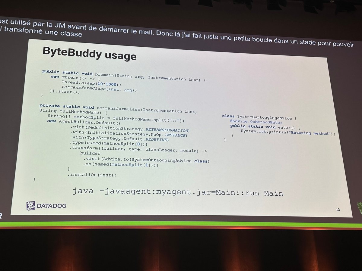 dadoonet's tweet photo. @DevoxxFR @bluxte @elastic @iamludal @ArnaudEsteve @ApacheArrow @ApacheIceberg @_bpaquet @glaforge @DidierGirard @MonsieurPhi @jmdoudoux Et @jpbempel nous a fait une présentation hyper technique et précise sur la modification de la JVM directement en prod, pour ajouter des traces, des logs, des métriques, même quand ce n'est pas prévu dans le code. J'ai maintenant envie de mettre de l'OTEL dans #FSCrawler. 😅 https://t.co/M1qSt9rxLR