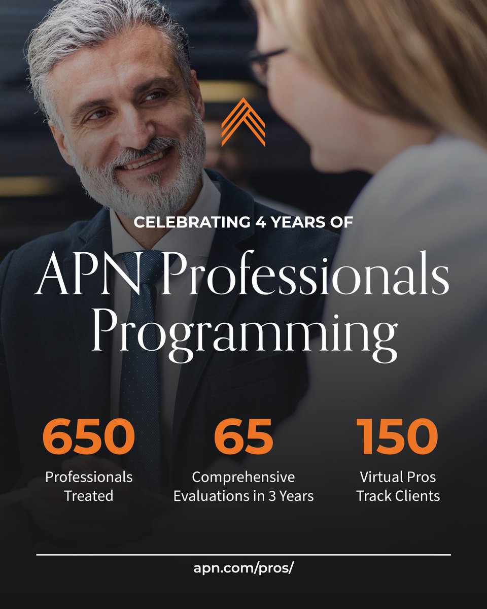 We've treated or evaluated over 650 clients within the #APNProfessionals track since we launched 4 years ago.

Learn more about the #ProfessionalsProgram here: apn.com/programs/profe…

#professionalsprogramming #virtualIOP