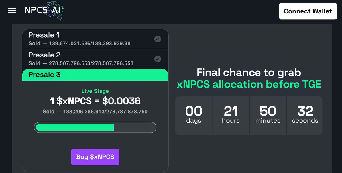 xnpcsolana's tweet image. 🚨 $xNPCS PRE-SALE ENDING IMMINENTLY – LESS THAN 30% ALLOCATION LEFT! 🚨

Time is running out! The $xNPCS pre-sale is nearly sold out, with under 30% of the total allocation remaining in this final round! Don’t miss your LAST CHANCE to secure tokens at $0.0036 before the Token…