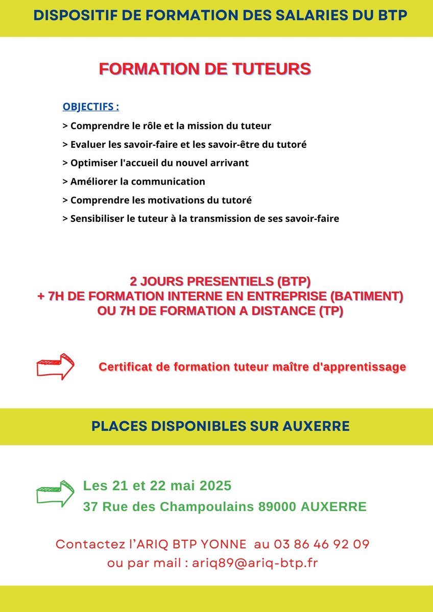 Entreprises du BTP👉 Formation de tuteurs les 21 et 22 mai 2025 à Auxerre -&gt;&gt; Inscrivez-vous !