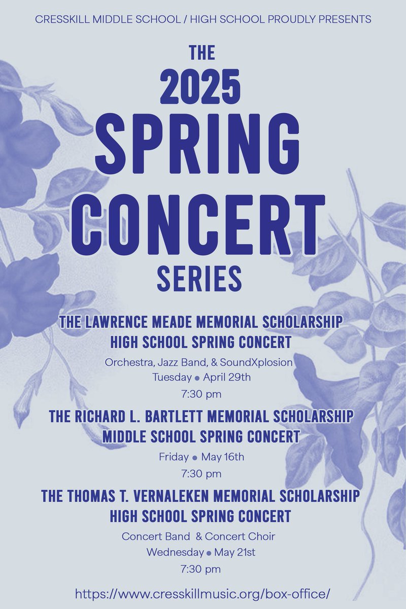 We have 3 great Spring concerts coming up at Cresskill MS/HS.  We hope to see you at one or more!