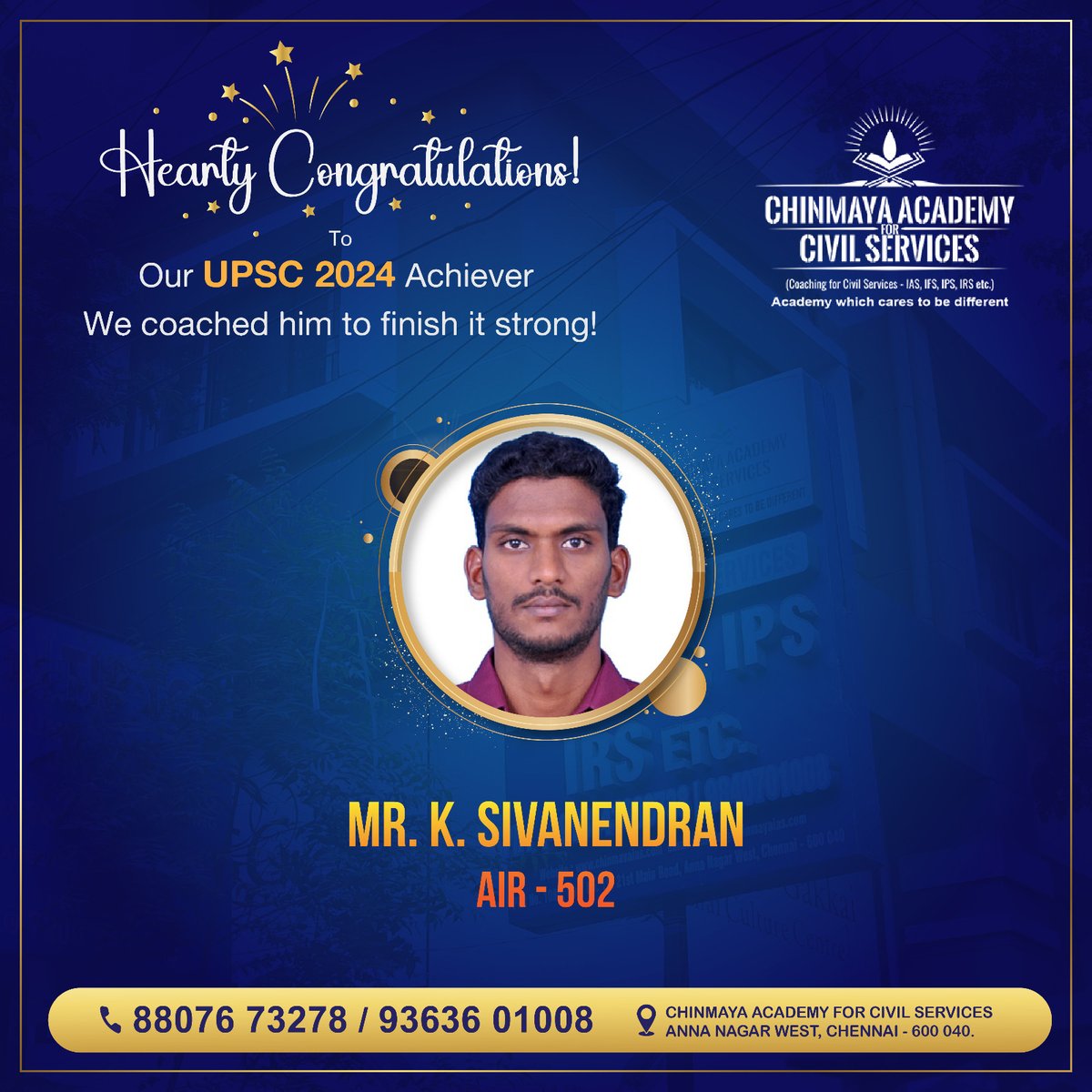 chinmayaacademy's tweet image. Hearty Congratulations to our UPSC 2024 Achiever Mr. K. Sivanendran AIR - 502 from Chinmaya Academy for Civil Services.

WE coached him to finish it strong

#upsc #upscresults #upsccoaching #upscpreparation #upsc2024 #chinmayaiasacademy  #ias #ips #irs #ifs