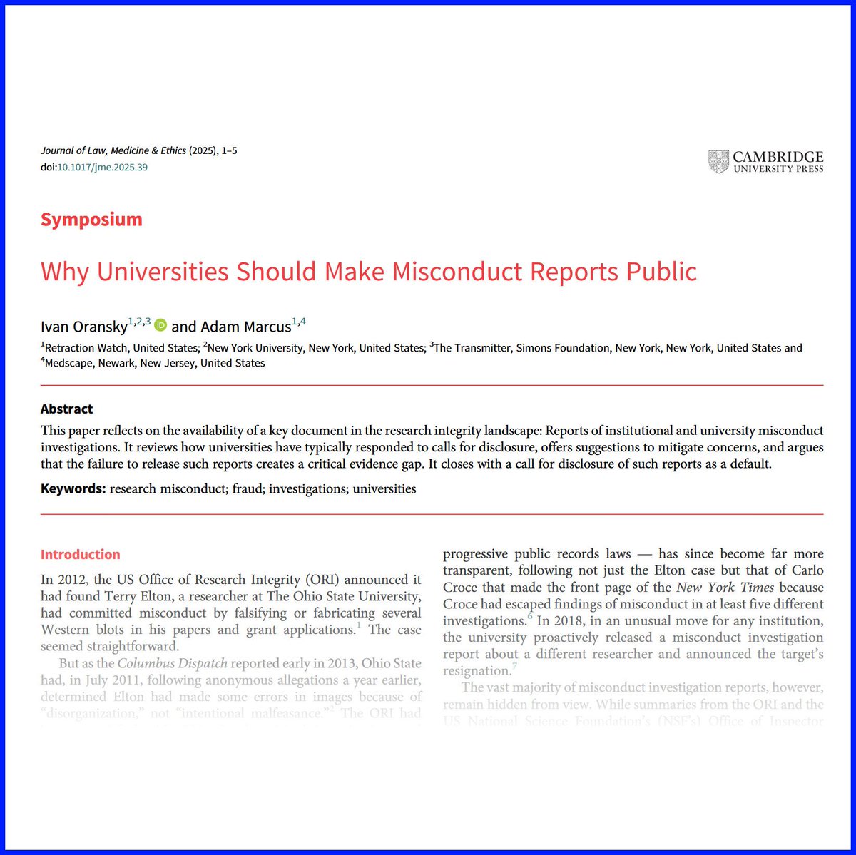 Why Universities Should Make Misconduct Reports Public | Journal of Law, Medicine &amp;amp; Ethics | Cambridge Core buff.ly/2xnH7Pu