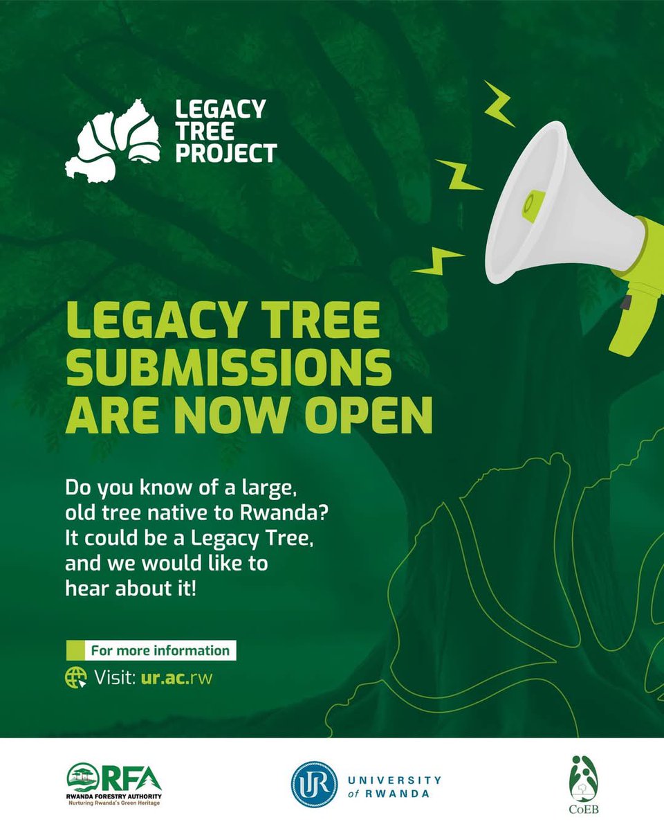 JeannetteBatam1's tweet image. The legacy tree submissions are NOW OPEN! Tell a friend to tell a friend! 
Click on the link below to access the online form! 

ur.ac.rw/?Announcement-…

By submitting a legacy tree you are contributing to conservation of biodiversity and cultural heritage #GreenRwanda#LegacyTree