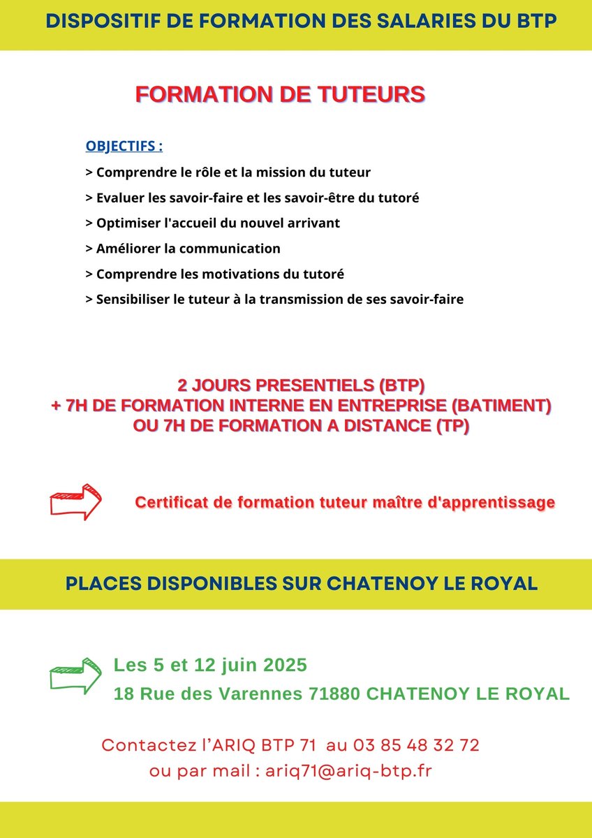 Entreprises du BTP👉 Formation de tuteurs les 5 et 12 juin 2025 à Châtenoy le royal -&gt;&gt; Inscrivez-vous !