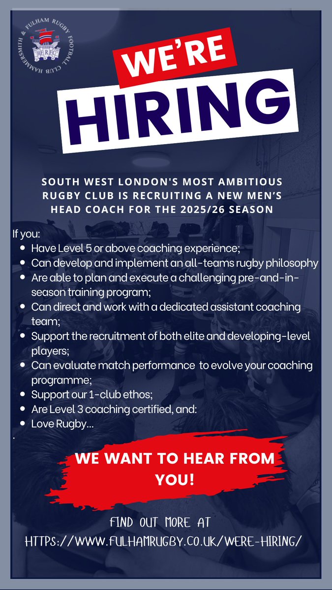 We're hiring a Head Coach for the 2025/26 season!
Think you've got what it takes? Why not head over to fulhamrugby.co.uk/were-hiring/ and find out more!