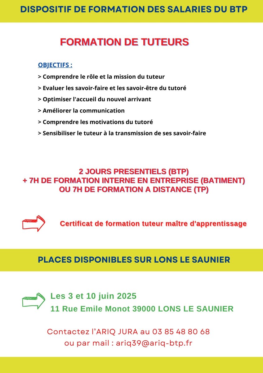 Entreprises du BTP👉 Formation de tuteurs les 3 et 10 juin 2025 à Lons le saunier -&gt;&gt; Inscrivez-vous !