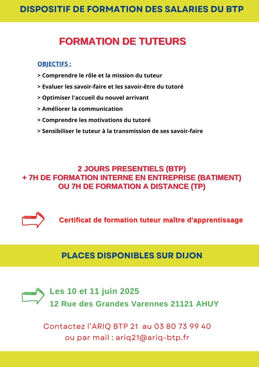 Entreprises du BTP👉 Formation de tuteurs les 10 et 11 juin 2025 à Dijon-&gt;&gt; Inscrivez-vous !