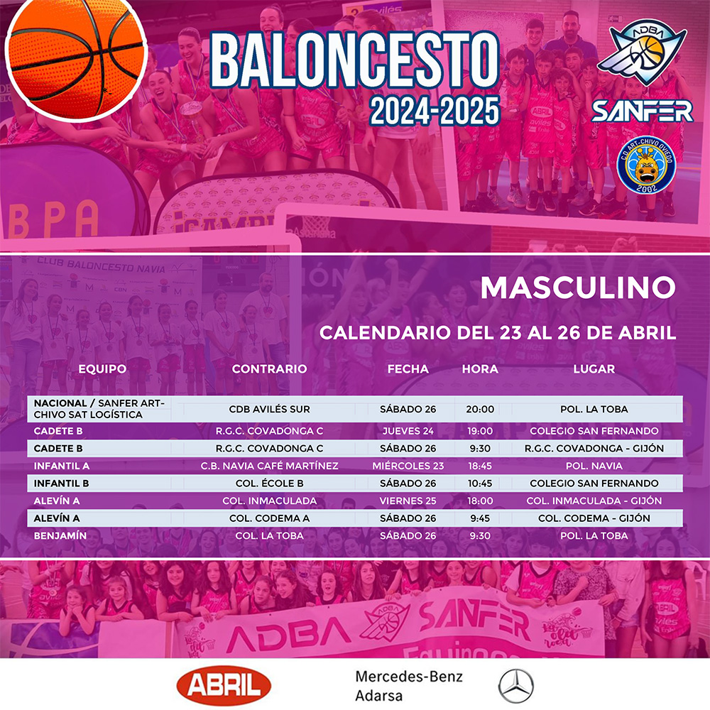 Colegio Internacional San Fernando (@colegiosanfer) on Twitter photo 🏀 BALONCESTO - CALENDARIO DEPORTIVO
📅 Del 23 al 26 de abril
#baloncesto #deportes #Sanfer #AceitesAbril
<a href="/ADBA87/">ADBA</a>
<a href="/CD_ArtChivo/">CDArt-Chivo</a>
<a href="/AdarsaMercedes/">Grupo Adarsa Concesionario Mercedes-Benz</a> 🏀 BALONCESTO - CALENDARIO DEPORTIVO
📅 Del 23 al 26 de abril
#baloncesto #deportes #Sanfer #AceitesAbril
<a href="/ADBA87/">ADBA</a>
<a href="/CD_ArtChivo/">CDArt-Chivo</a>
<a href="/AdarsaMercedes/">Grupo Adarsa Concesionario Mercedes-Benz</a>