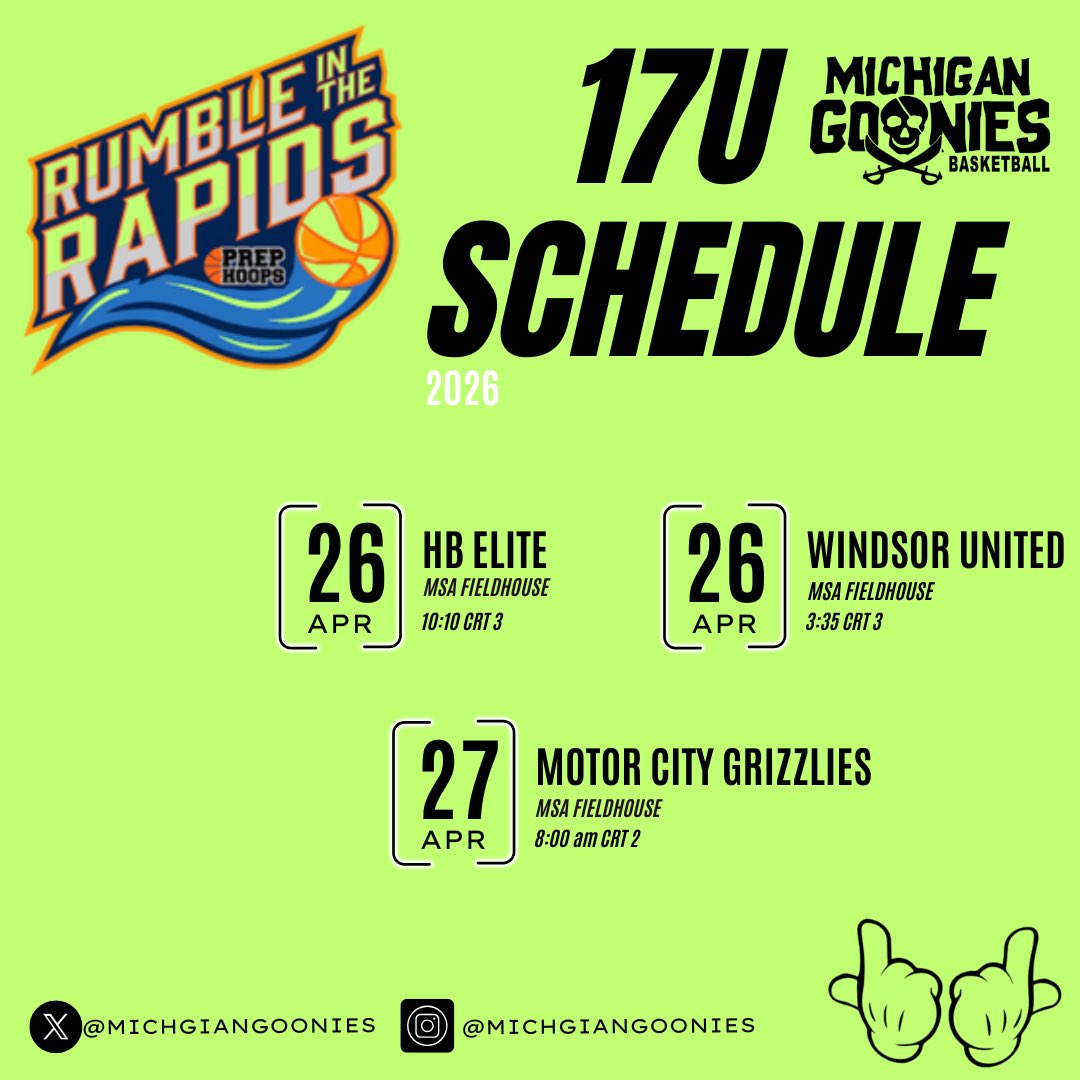 Michigan Goonies AAU (@michigangoonies) on Twitter photo We look forward to competing in the <a href="/PHCircuit/">Prep Hoops Circuit 🏀</a> Rumble in the Rapids this weekend in Grand Rapids! #GoonieNation 🏴☠️🤘<a href="/coach_lumbo/">Coach Lumbo</a> <a href="/coachrush222/">Coachrush222</a> <a href="/razorray33/">RayGotGame</a> <a href="/Devbuckets/">Devin Goodwyn</a> <a href="/Compound__Media/">CompoundMedia</a> We look forward to competing in the <a href="/PHCircuit/">Prep Hoops Circuit 🏀</a> Rumble in the Rapids this weekend in Grand Rapids! #GoonieNation 🏴☠️🤘<a href="/coach_lumbo/">Coach Lumbo</a> <a href="/coachrush222/">Coachrush222</a> <a href="/razorray33/">RayGotGame</a> <a href="/Devbuckets/">Devin Goodwyn</a> <a href="/Compound__Media/">CompoundMedia</a>