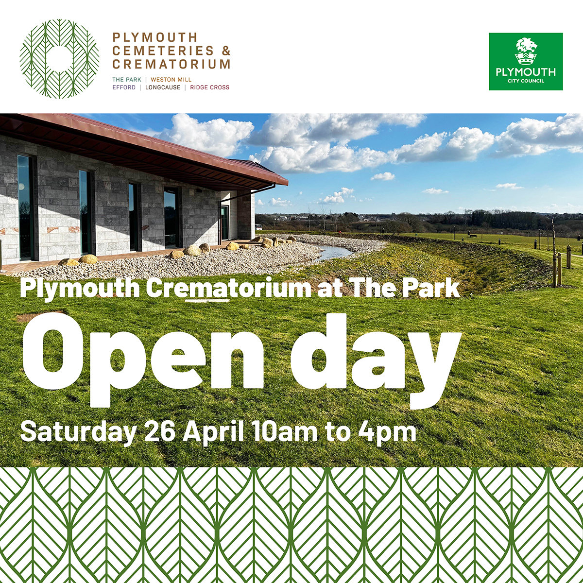 🌿 Plymouth Crematoria at The Park – Open Day 🌿 

Residents are being invited to take a look around the entire facility and learn about the options for remembering loved ones.

The Café at the Park will also be open for visitors to purchase refreshments.