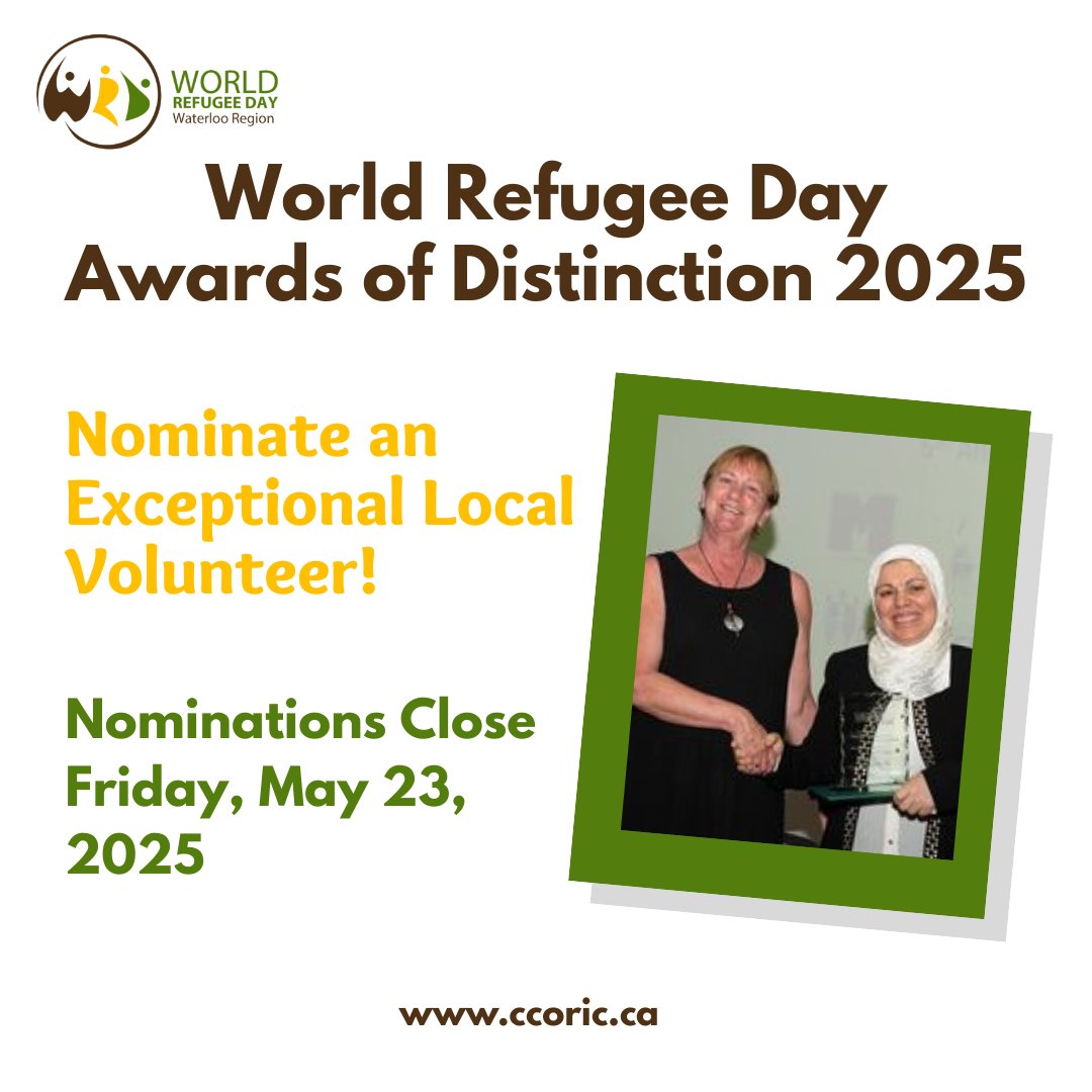 CALL FOR NOMINATIONS for the 2025 WORLD REFUGEE DAY AWARDS OF DISTINCTION! 
Nominate newcomers and volunteers who work with refugees and make <a href="/RegionWaterloo/">Region of Waterloo</a> a more inclusive community!  
Awards will be presented Friday, June 20th
<a href="/THEMUSEUM/">THEMUSEUM</a> in Kitchener.  ccoric.ca/wrd-award-nomi…