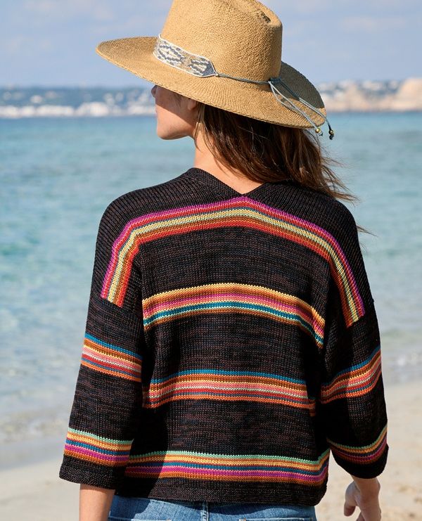 'Tesoro Cardigan' by Kaffe Fassett
Handloomed of mercerized pima, the relaxed silhouette has drop shoulders, a buttonless placket, 3/4-sleeves and handcrocheted trim as part of the @peruvianconnection Spring/Summer'25 Collection - 
kaffefassett.com/gallery/ready-…