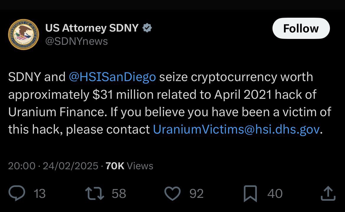 Cipherforge0's tweet image. Last month, it was announced that US law enforcement has seized $31 million from the Uranium Finance exploit.
In December 2023, I published an investigation into the $50 million Uranium exploit on BSC, outlining how the exploiter laundered $10.5 million through Magic