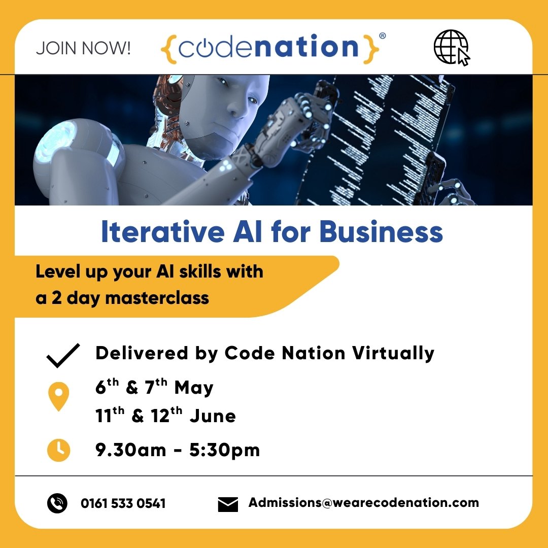 Code Nation (@wearecodenation) on Twitter photo ๐ New Course Alert!
Join our 2-day course: Iterative AI for Business, focused on real-world applications of Generative AI & Large Language Models.
๐
6โ7 May & 11โ12 June
๐ท ยฃ325+VAT
๐ป Delivered online | Open to everyone
๐ 0161 533 0541
๐ง Admissions@wearecodenation.com ๐ New Course Alert!
Join our 2-day course: Iterative AI for Business, focused on real-world applications of Generative AI & Large Language Models.
๐
6โ7 May & 11โ12 June
๐ท ยฃ325+VAT
๐ป Delivered online | Open to everyone
๐ 0161 533 0541
๐ง Admissions@wearecodenation.com